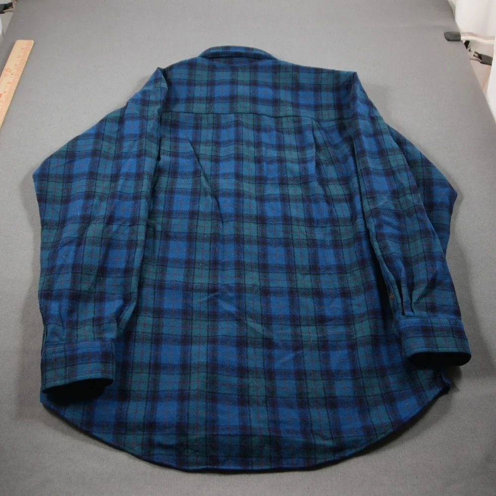 Pendleton Vintage Plaid Wool Flannel Men Shirt L Western Blue Logger Cabin Retro